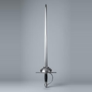 Dished shell rapier trainer with two small rings on the guard, unusually long quillons, black leather grip and an olive pommel shown against a plain studio backdrop