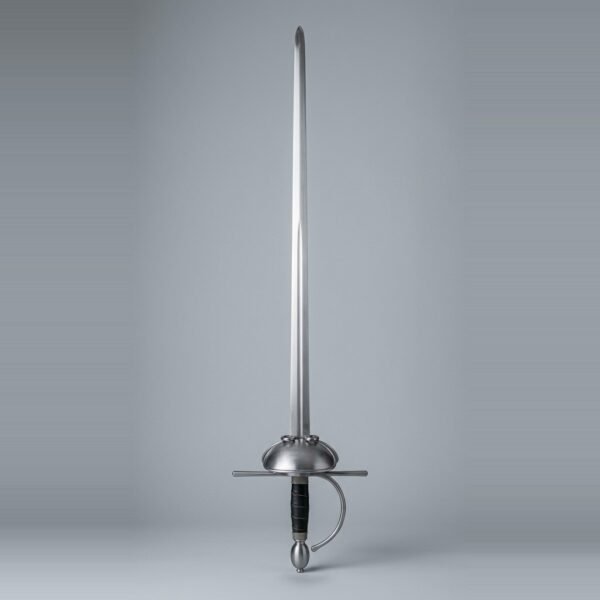 Dished shell rapier trainer with two small rings on the guard, unusually long quillons, black leather grip and an olive pommel shown against a plain studio backdrop