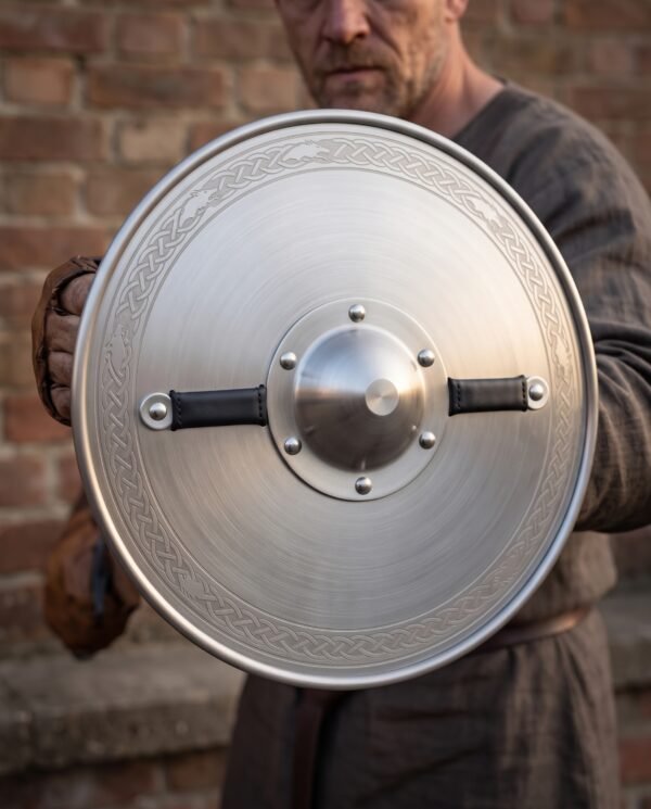 Dished steel round shield with etched knotwork border, riveted centre boss and black leather handles held by a man in a grey linen tunic