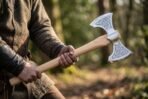 Double bit axe with Celtic knotwork etched bits and straight ash haft held in both hands in the woods