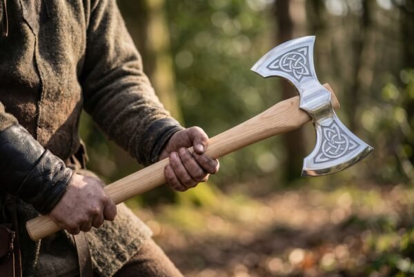 Double bit axe with Celtic knotwork etched bits and straight ash haft held in both hands in the woods