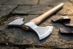 Double bit axe with etched Celtic knotwork on both polished bits and ash haft on paving beside a leather cover