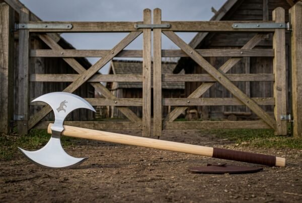 Twincrescent Hand Forged 1095 Steel Double Headed Viking Axe | 34 Inch Haft | Twin Crescent Bits and Etched Beast Motif with Leather Blade Cover | Norse Gift | RK-1903
