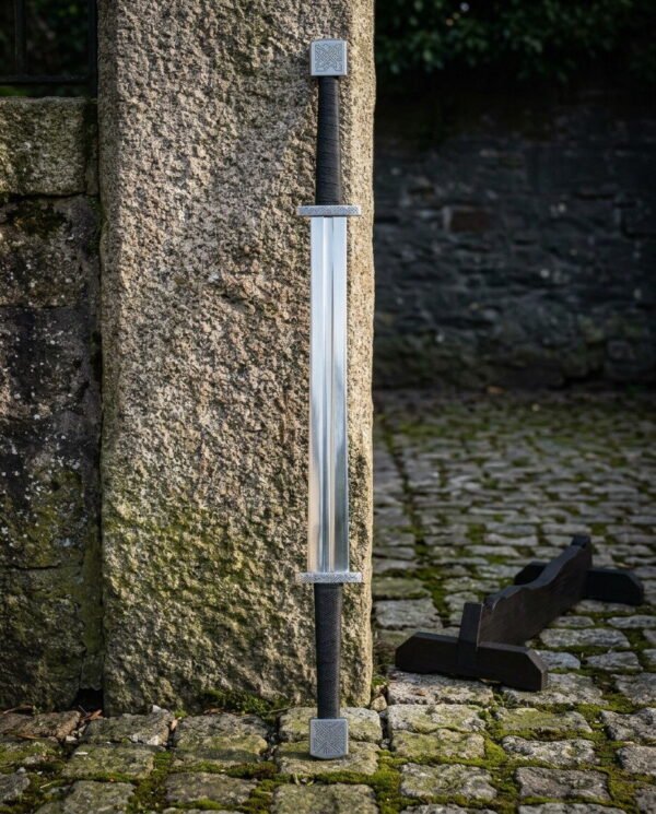 Double ended viking sword with a Celtic knotwork pommel at each end and twin cord wrapped grips standing against a granite pillar on mossy cobblestones