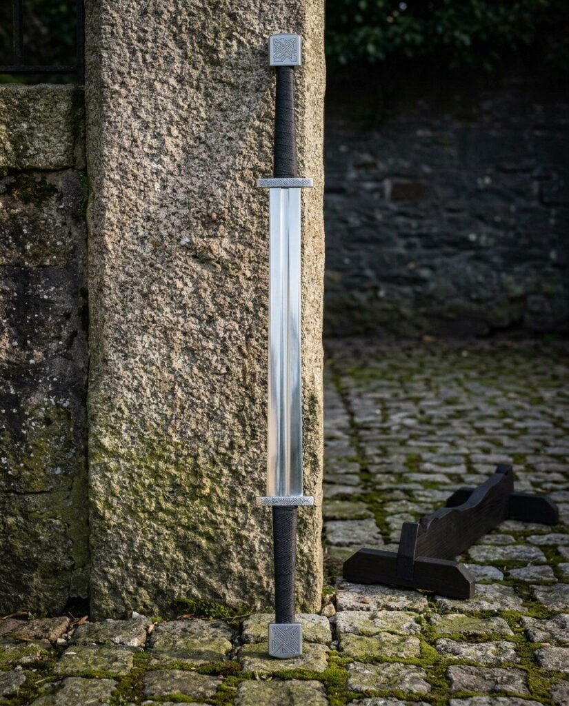 Double ended viking sword with a Celtic knotwork pommel at each end and twin cord wrapped grips standing against a granite pillar on mossy cobblestones