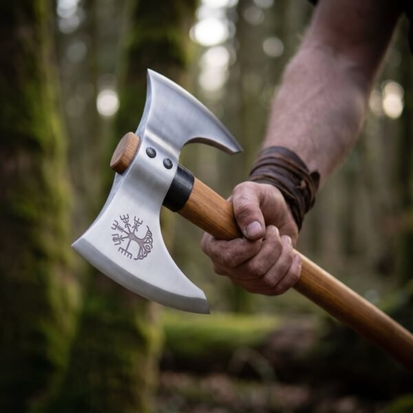 Double headed axe with etched Vegvisir cheek, blackened collar and pale oak haft gripped in a hand in a mossy forest