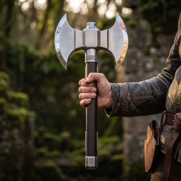 Double headed battle axe with knotwork collar and dark wooden haft held upright in one hand in a mossy forest