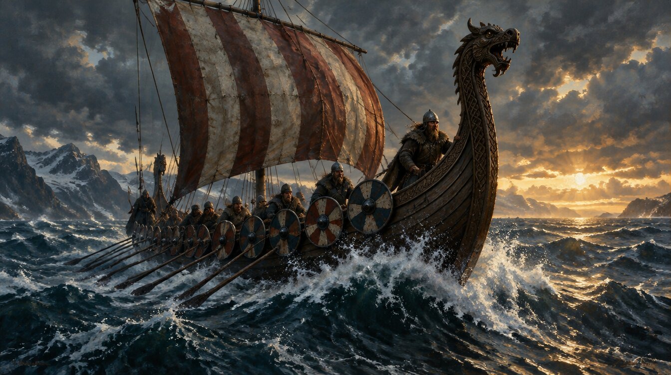Dragon headed Viking longship cutting through North Sea waves with striped sail billowing