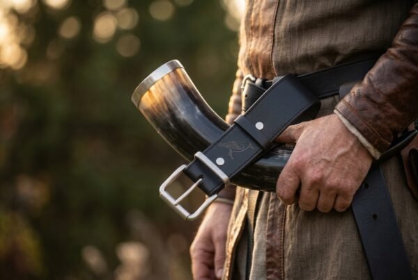 Drinking horn carried on a black leather belt hanger at the hip of a man in a linen tunic and leather jacket