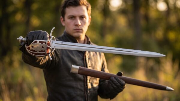 High carbon steel broadsword with pierced shell guard and red panels held out by a young man gripping its brown scabbard