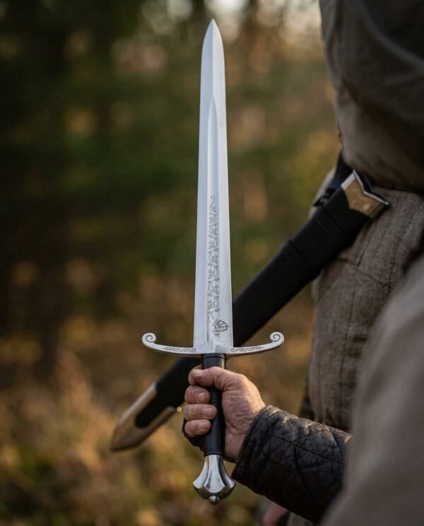 Elven style fantasy sword with etched vine scroll blade, curled guard and black grip held upright in a forest