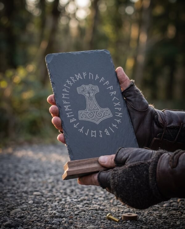 Engraved slate rune plaque with Mjolnir inside an Elder Futhark ring held in gloved hands above a gravel path