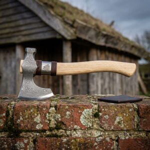 Engraved valknut axe with a damascus pattern welded head, hammer poll and curved ash haft resting on a lichen covered brick wall by a turf longhouse
