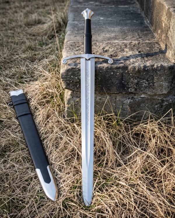Etched knotwork longsword with a scalloped steel pommel and black leather grip standing in dry winter grass beside its black leather scabbard by a stone step