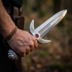 Fantasy dagger with winged steel guard, red cabochon and knotwork etched double edged blade held in a hand outdoors
