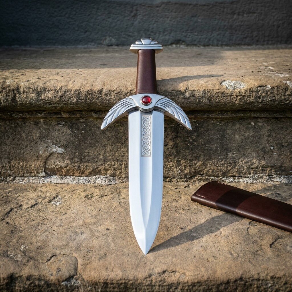 Fantasy dagger with a winged steel guard, red cabochon stone and broad leaf blade standing on a weathered sandstone step beside its leather scabbard