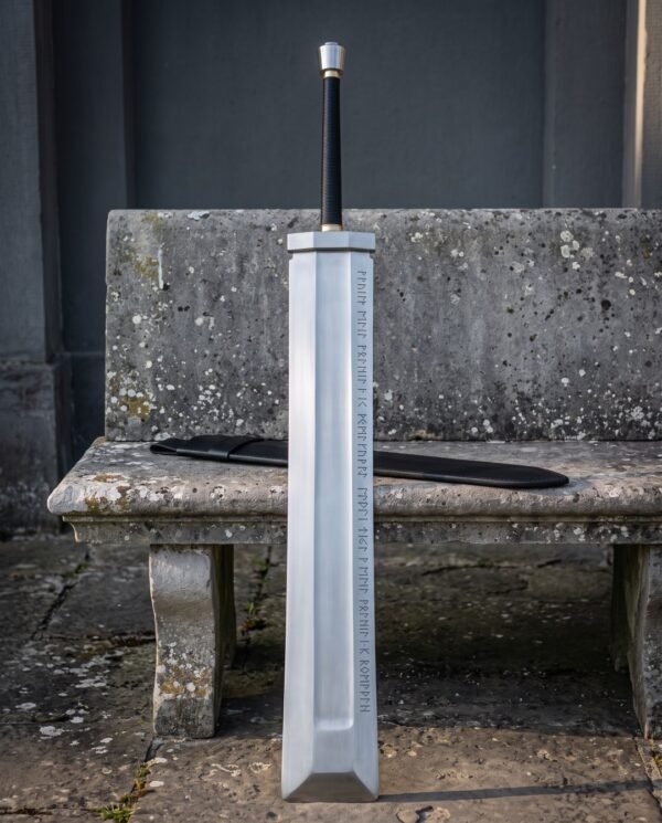 Broadkeel Hand Forged 1095 Steel Fantasy Greatsword | 50 Inch Overall | Slab Sided Blade and Rune Etched Panels with Black Leather Scabbard | Cosplay Display Gift | RK-1946