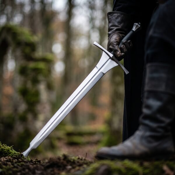 Feder sword with flared schilt held point down in a gloved hand beside a boot on mossy forest ground
