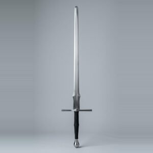 Feder sword with a flat parallel ricasso, a discrete schilt lobe, narrow blade to a broad rolled tip and a black cord wrapped two handed grip shown against a plain studio backdrop