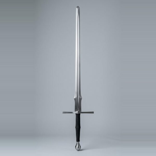 Feder sword with a flat parallel ricasso, a discrete schilt lobe, narrow blade to a broad rolled tip and a black cord wrapped two handed grip shown against a plain studio backdrop
