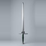 Feder training sword with a rounded schilt above the ricasso, scent stopper pommel and dark green cord wrapped two hand grip standing against a plain studio backdrop