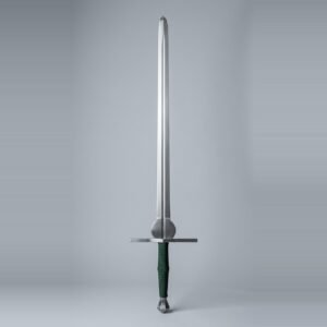 Feder training sword with a rounded schilt above the ricasso, scent stopper pommel and dark green cord wrapped two hand grip standing against a plain studio backdrop