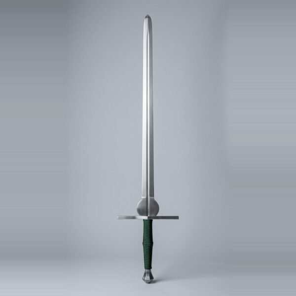 Feder training sword with a rounded schilt above the ricasso, scent stopper pommel and dark green cord wrapped two hand grip standing against a plain studio backdrop