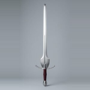 Feder training sword with a shield shaped schilt, curved crossguard, a narrow fuller low in the blade and a burgundy cord wrapped grip standing point up against a plain grey studio backdrop