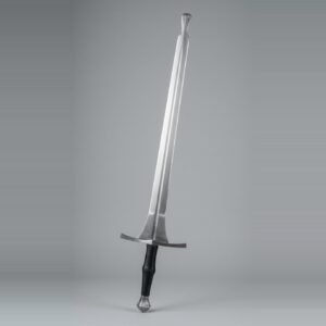 Feder with a flared safety knob tip, triangular schilt, wide straight cross and a black leather two handed grip shown against a plain studio backdrop