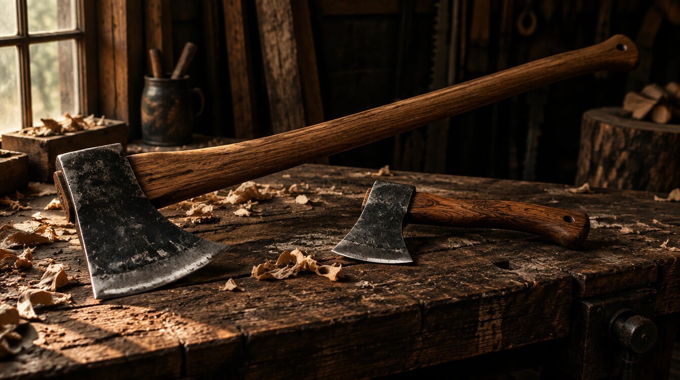 A felling axe beside a compact hatchet on a worn workbench showing the size difference