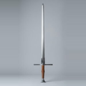 Fishtail pommel longsword with a squared wide ricasso, tan leather and cord grip standing point up against a plain grey studio backdrop