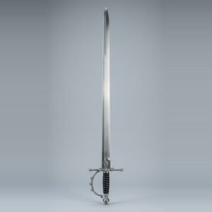 Five ball hilt spadroon trainer with a straight single edged blunt blade, urn pommel and black grip bound with wire against a plain studio backdrop