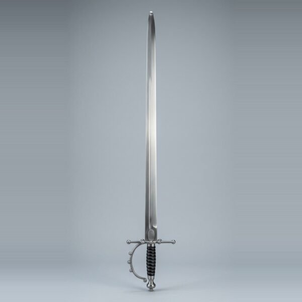 Five ball hilt spadroon trainer with a straight single edged blunt blade, urn pommel and black grip bound with wire against a plain studio backdrop