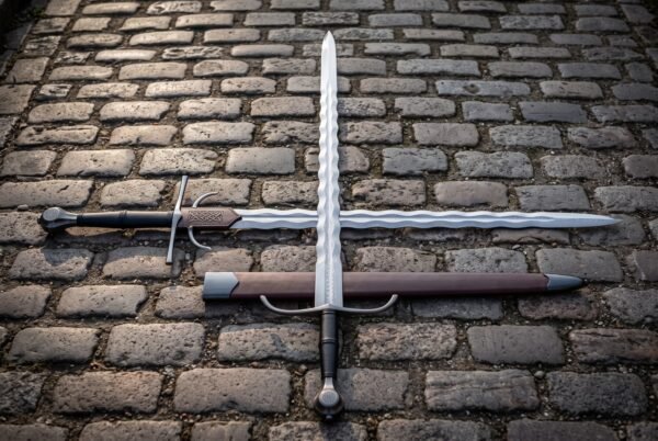 Flamberge longsword with an undulating flame bladed edge and black leather grip lying crossed with a second sword on cobblestones beside a brown leather scabbard