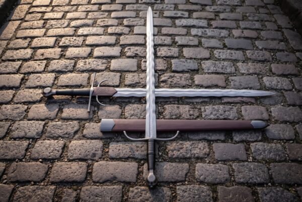 Flame blade undulating evenly from ricasso to rounded point on a two handed sword