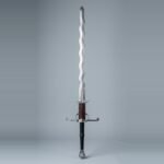 Flame bladed greatsword with waved edges on both sides, scrolled quillon tips, a side ring and a leather wrapped ricasso above the parierhaken laid on a plain grey studio backdrop