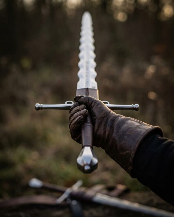 Flame bladed longsword with a wavy steel blade, ricasso and leather grip held upright in a gloved hand in a dark forest