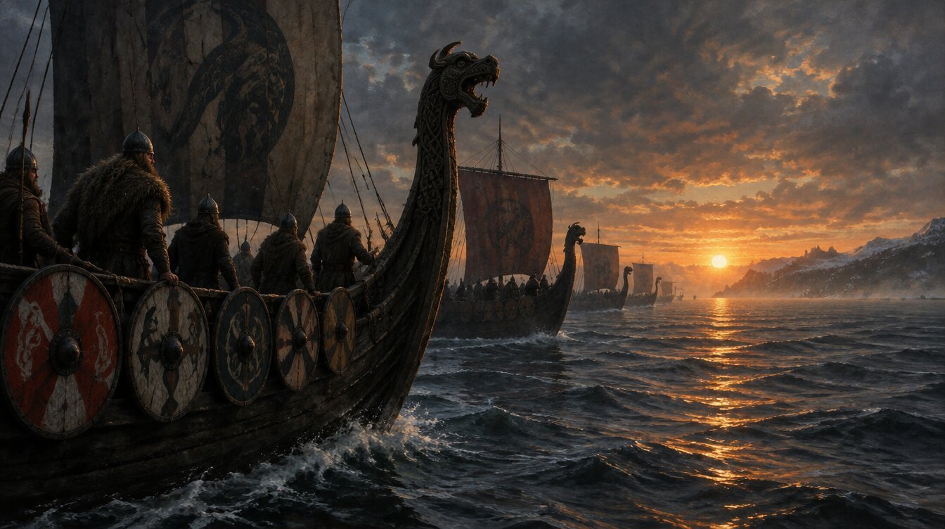 Fleet of Viking longships with dragon heads and painted shields at dawn