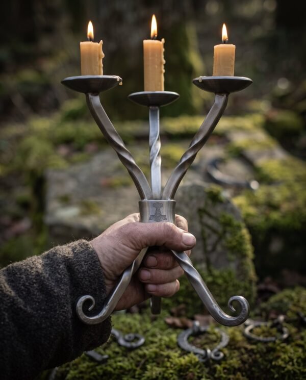 Forged twisted steel candle holder with three lit beeswax candles held up in one hand over a mossy stone