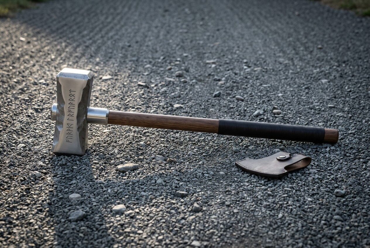 Forged viking war hammer with a hammer textured steel head, a runic inscription and a leather wrapped hardwood haft, lyi Forged viking war hammer with a hammer textured steel head, a runic inscription and a leather wrapped hardwood haft, lying on a gravel track in low evening light
