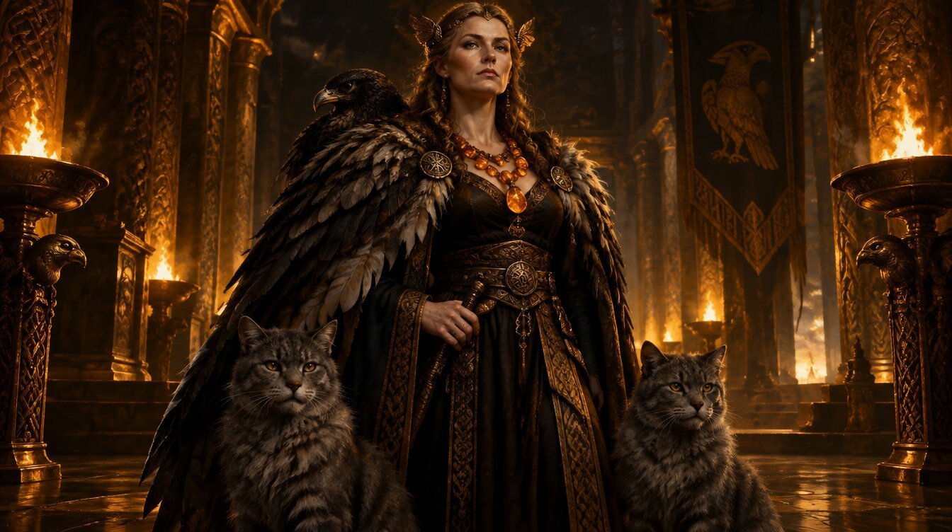 Freya the Norse goddess wearing a falcon cloak with cats at her feet in a golden hall