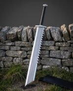 Full length sawtooth spine rune sword with black grip standing against a dry stone wall under a grey sky