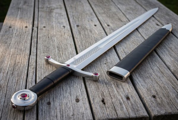 Full length view of a jewelled arming sword in 1095 steel on grey deck boards with the black leather scabbard alongside, red cabochons bright in the quillon tips