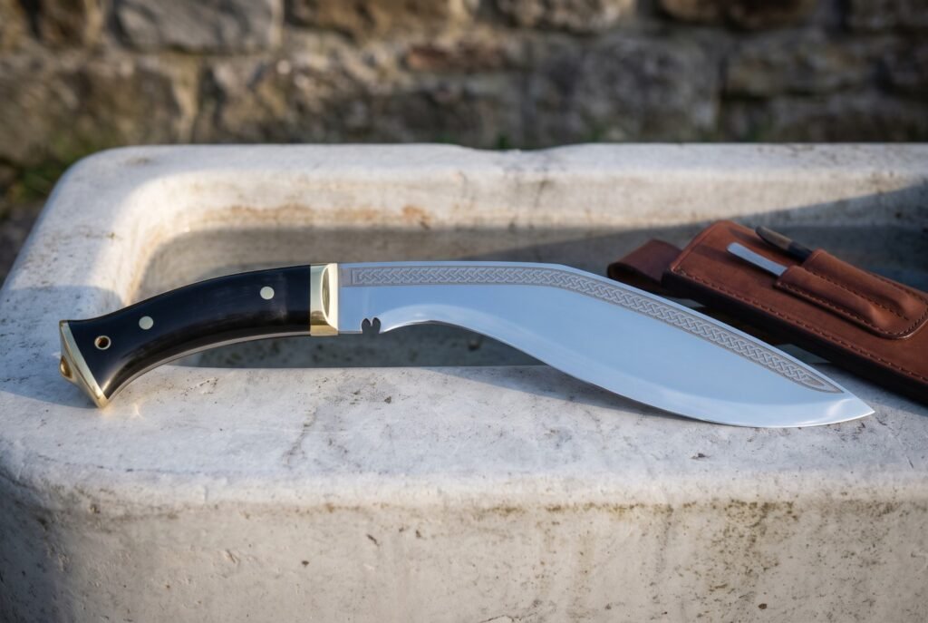 Full tang kukri with a polished blade and etched knotwork spine, black buffalo horn handle and brass fittings resting on a white stone trough beside a leather sheath
