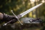 Gloved hand gripping a wavy edged arming sword with scrolled guard and Valknut leather rain guard in a sunny forest
