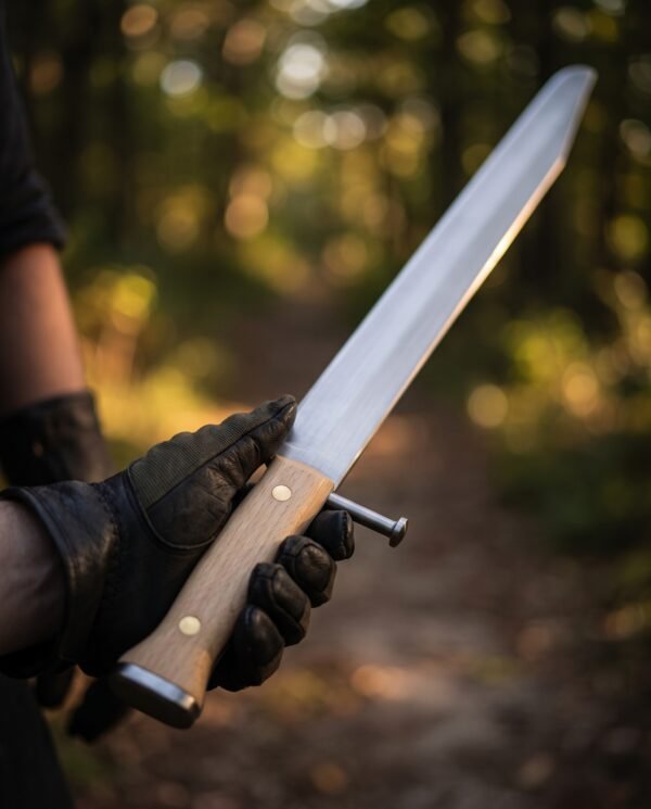 Gloved hand holding a blunt steel grosses messer trainer with pale wood scales, brass rivets and side nagel in a forest