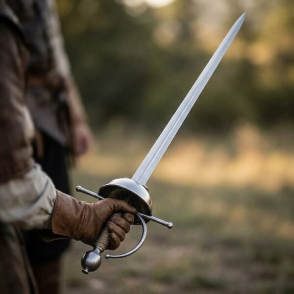 Gloved hand holding a cup hilt rapier with long quillons, knuckle bow and brass wire grip outdoors