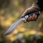 Gloved hand holding a Damascus kukri knife with black handle and engraved steel bolster against a blurred forest