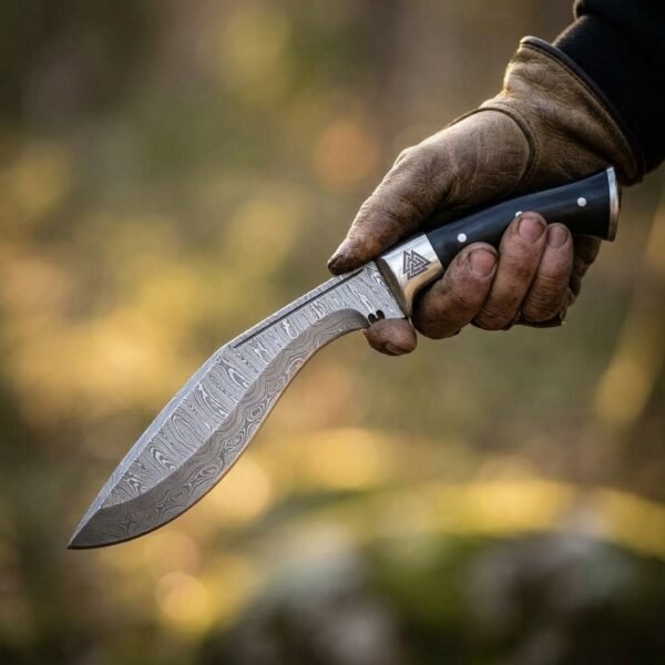 Gloved hand holding a Damascus kukri knife with black handle and engraved steel bolster against a blurred forest