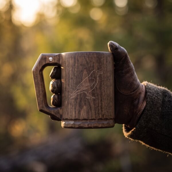 Gloved hand holding a dark hardwood beer mug with an engraved raven panel and square cut handle at sunset